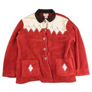 Teddi Petite Brick Red Fleece Cardigan Argyle Button Front Womens PL